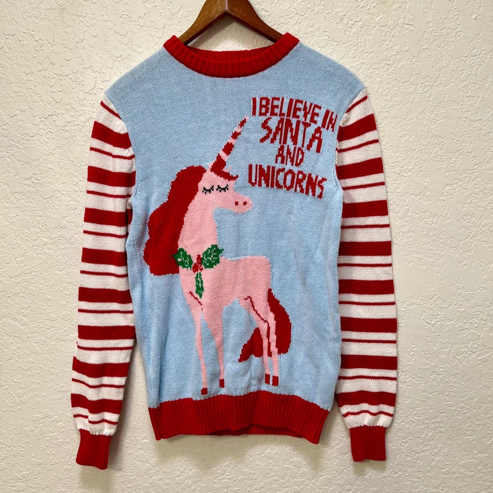 Imagin8 Womens Unicorn Christmas Sweater Blue Red Striped S Santa Festive Party